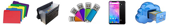Various data storage options like file folders, thumb drives, external hard drives, and cloud storage